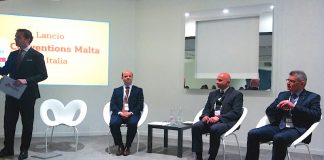 La presentazione di Conventions Malta. Da sinistra, Claude Zammit Trevisan,direttore Italia di MTA; Edward Zammit, Events Operations, Advisor, Conventions Malta; Paul Bugeja, CEO MTA