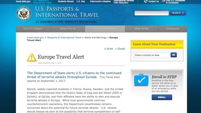 L'alert sul sito del Dipartimento di Stato Usa